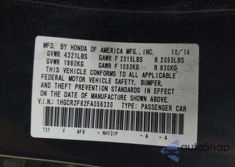 2015 Honda Accord Ex-L from USA, damaged, VIN 1HGCR2F82FA056330